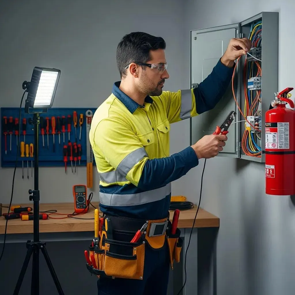 Electrician working on a residential electrical panel in a modern home