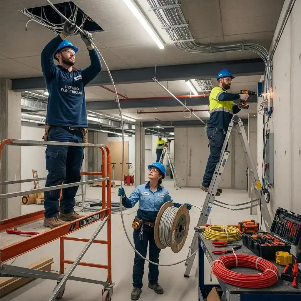 Electricians installing heavy-duty wiring in a commercial facility