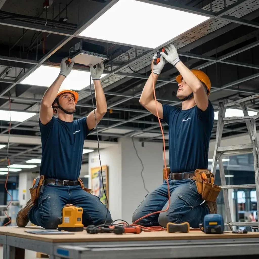 Electricians installing LED lighting fixtures in a commercial space, showcasing the installation process