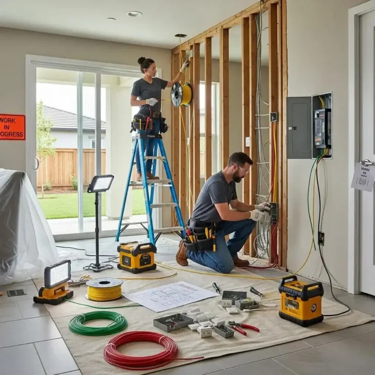 Electricians rewiring a modern home, emphasizing safety and efficiency in electrical systems