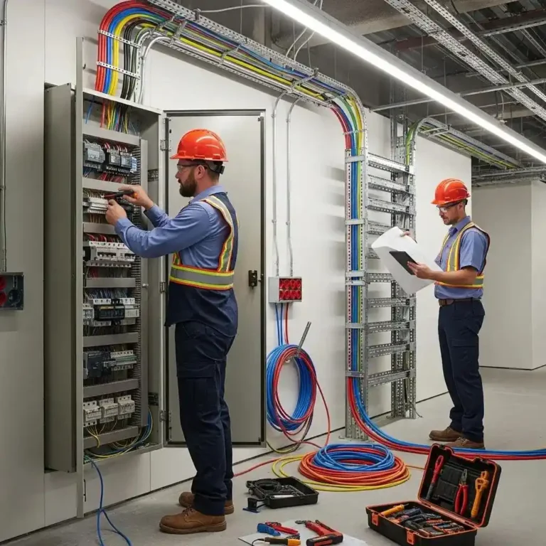 Electricians working on a commercial electrical installation, highlighting safety and compliance in Fresno