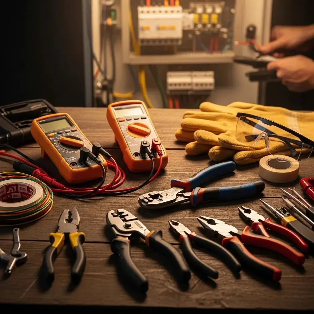 Tools and equipment laid out for emergency electrical repair