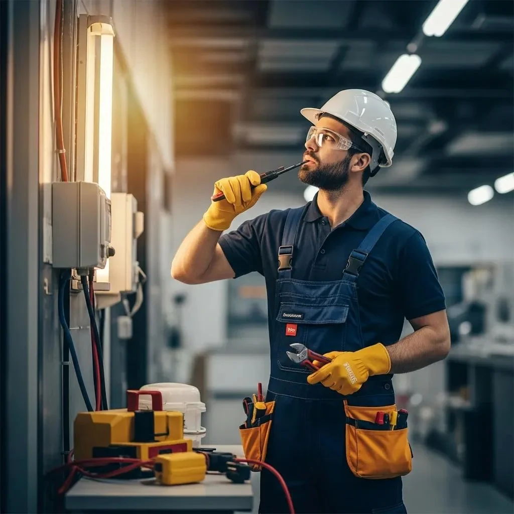 Emergency electrician troubleshooting a commercial power outage