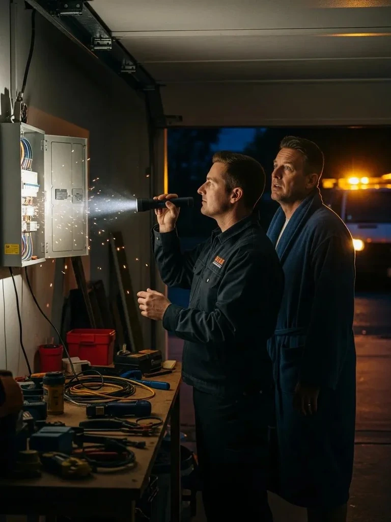 Emergency electrician inspecting a circuit box during a nighttime service call