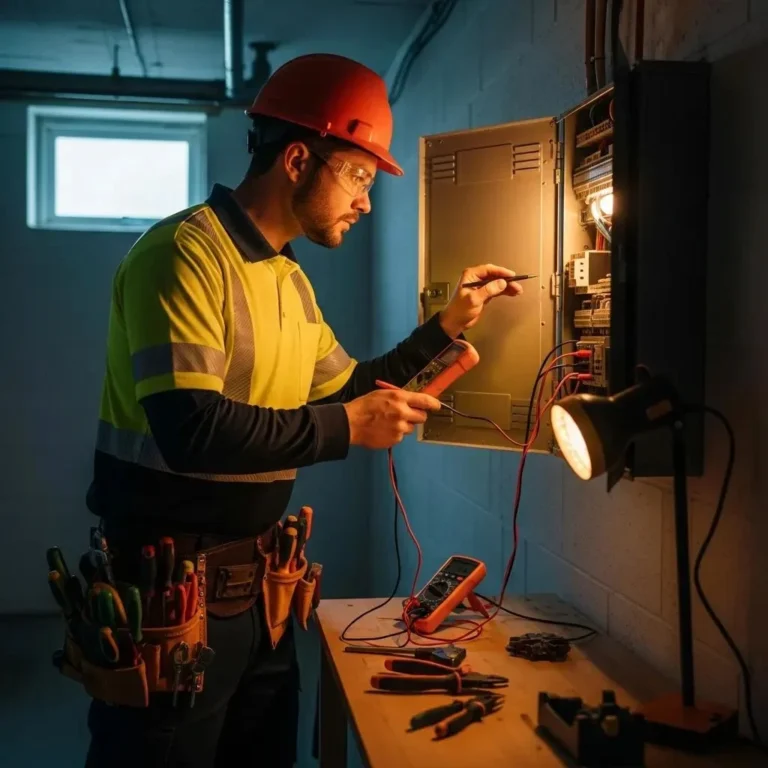 Emergency electrician inspecting a power panel in a home during a power outage