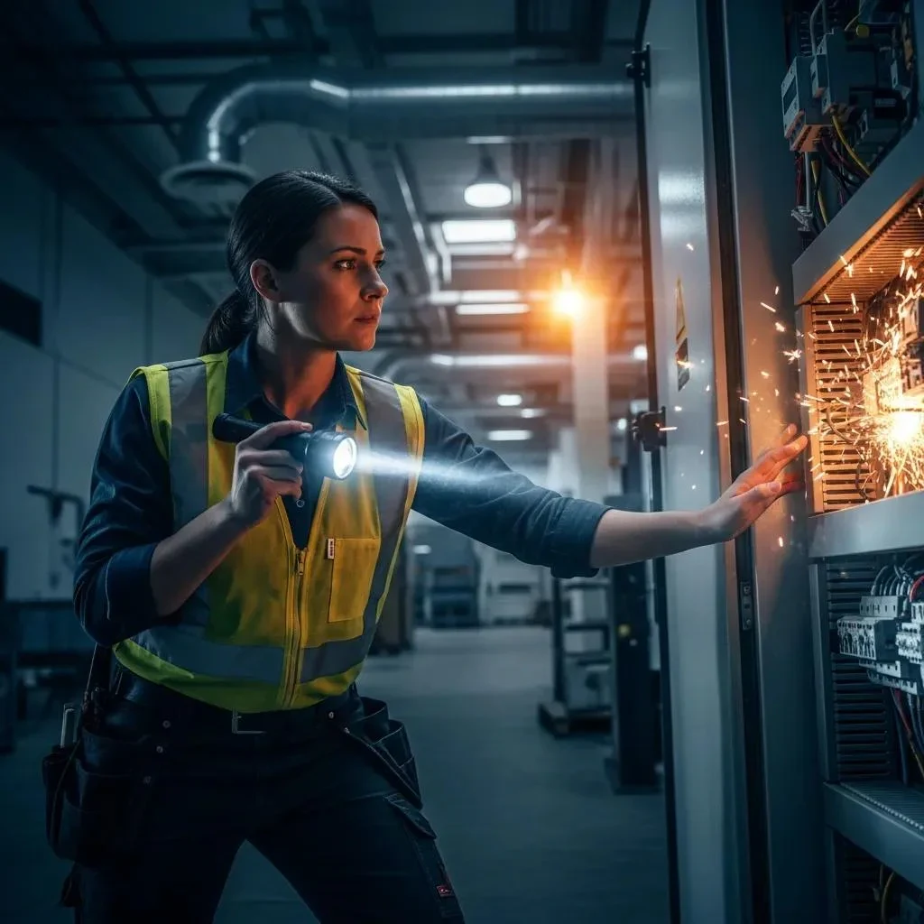 Emergency electrician inspecting equipment during a power outage in a commercial building