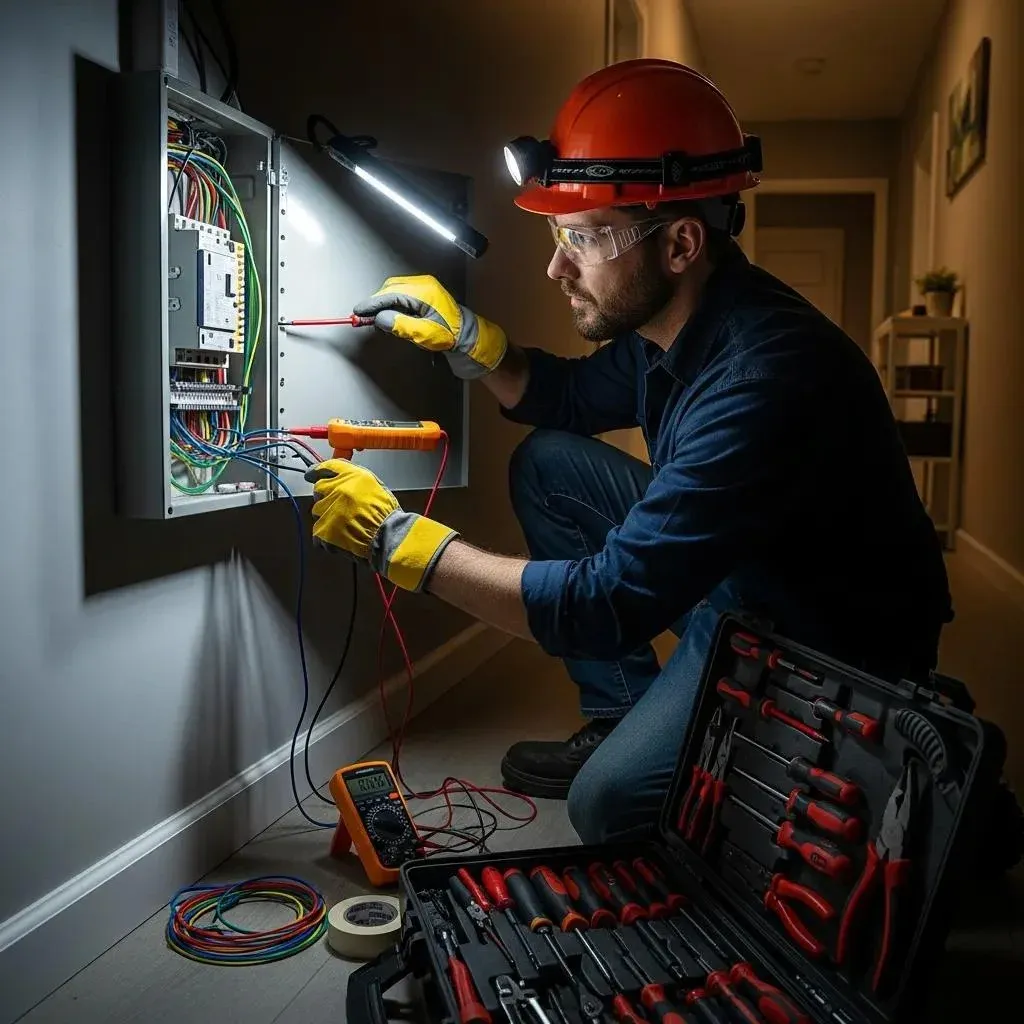 Emergency electrician working on a residential electrical panel, showcasing urgency and professionalism