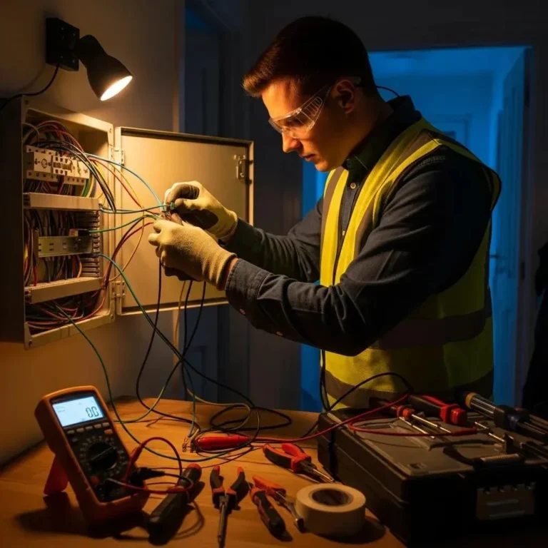 Emergency electrician working on electrical repairs in a home setting
