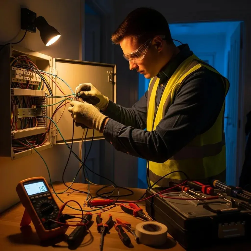 Emergency electrician working on electrical repairs in a home setting