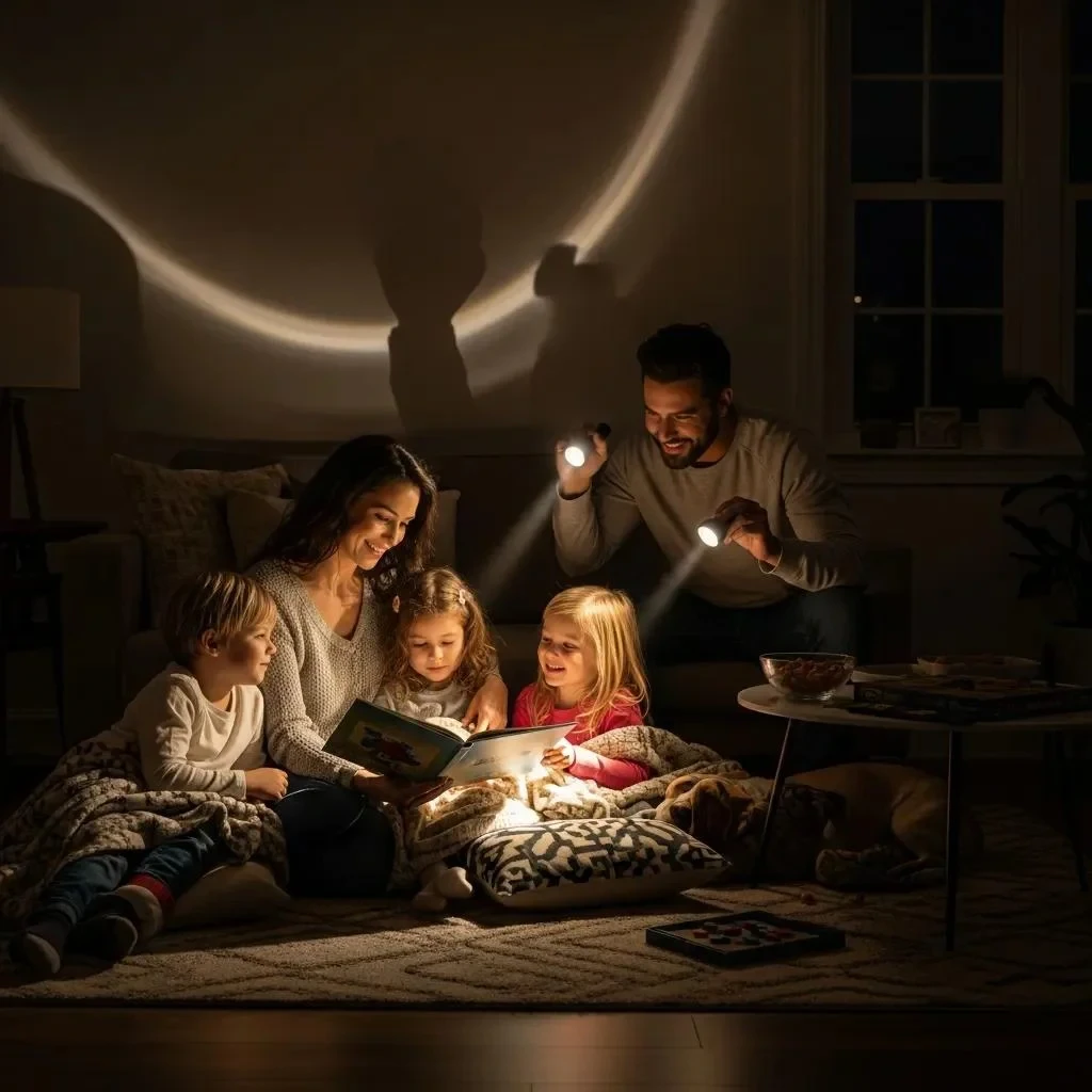 Family using flashlights in a dark living room during a power outage