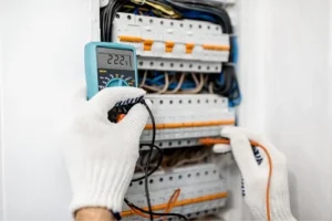 a close up of a Fresno County electrician wearing white safety gloves testing an electrical panel with a voltmeter electrical testing tool
