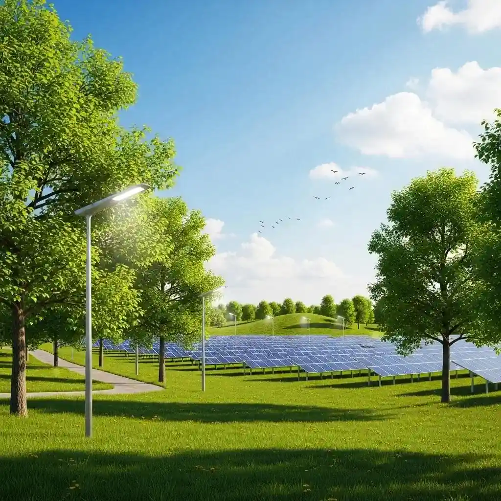 Sustainable scene with solar panels and LED streetlights, representing lower carbon footprint
