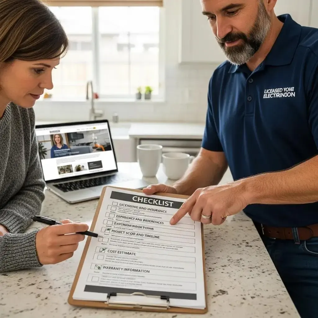 Homeowner speaking with a licensed Fresno electrician and reviewing a checklist