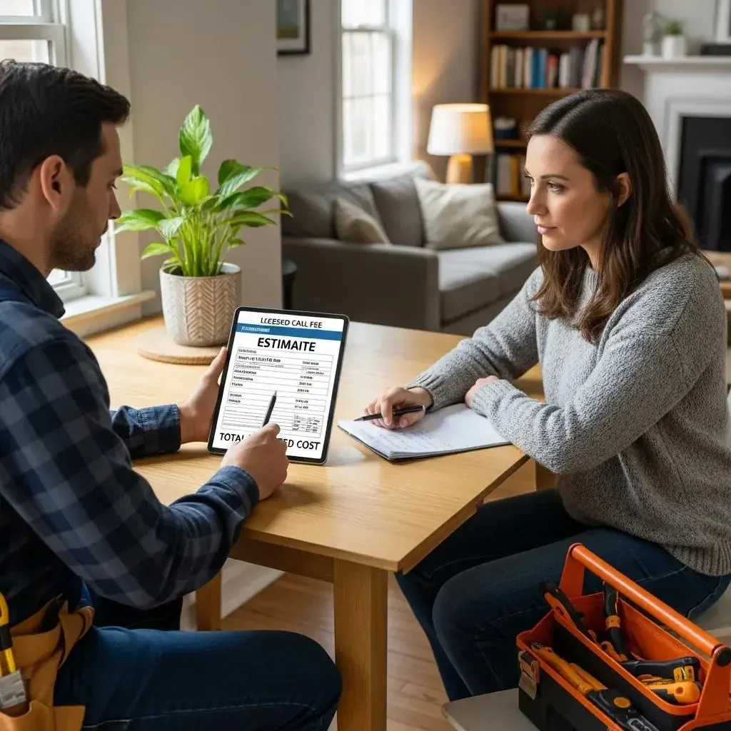 Homeowner consulting with electrician about whole house rewiring costs in a cozy home setting