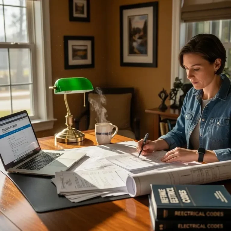 Homeowner reviewing electrical plans and permits in a cozy home office