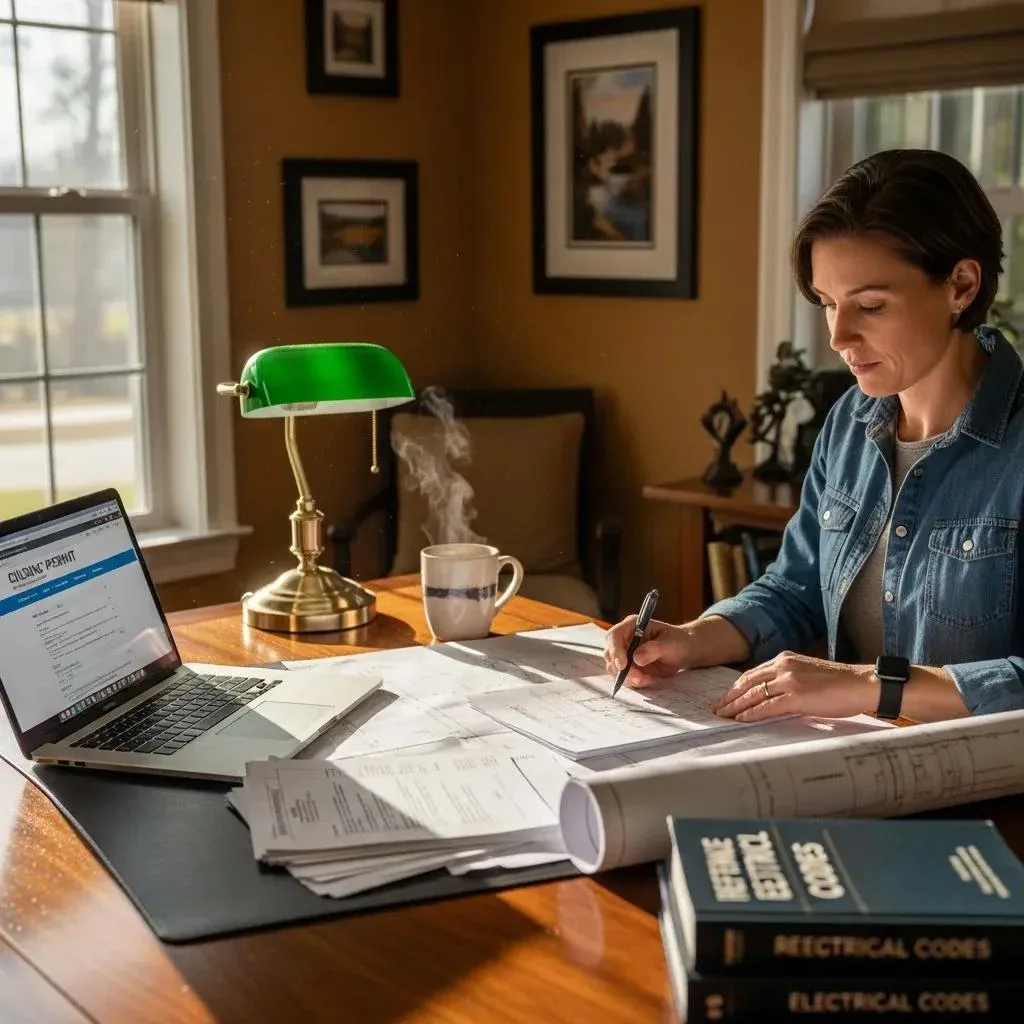 Homeowner reviewing electrical plans and permits in a cozy home office
