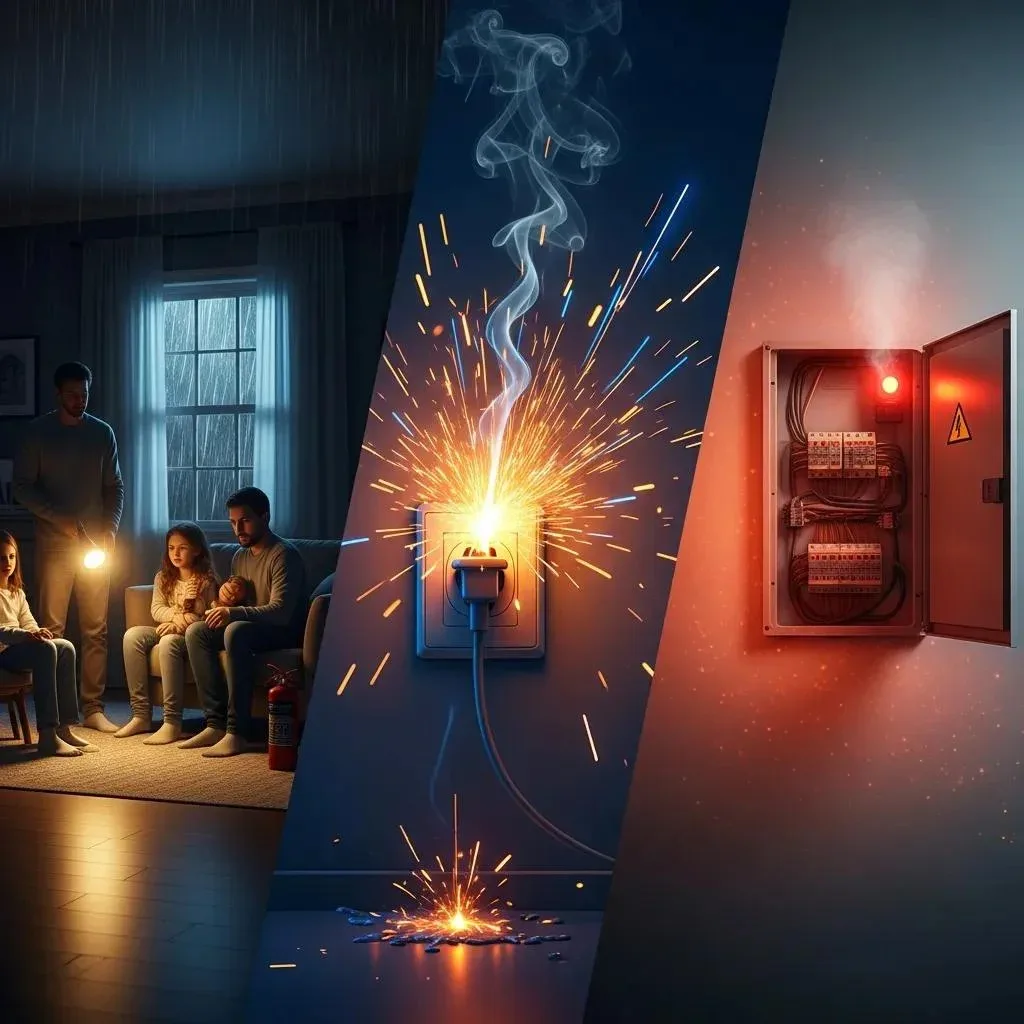Illustration of typical electrical emergencies: outages, short circuits, overheating panels