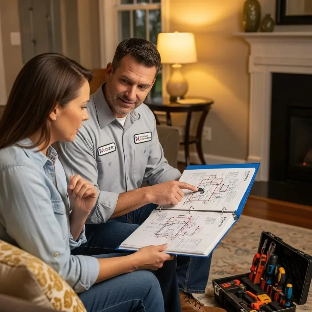 Licensed electrician consulting with a homeowner about electrical panel upgrade