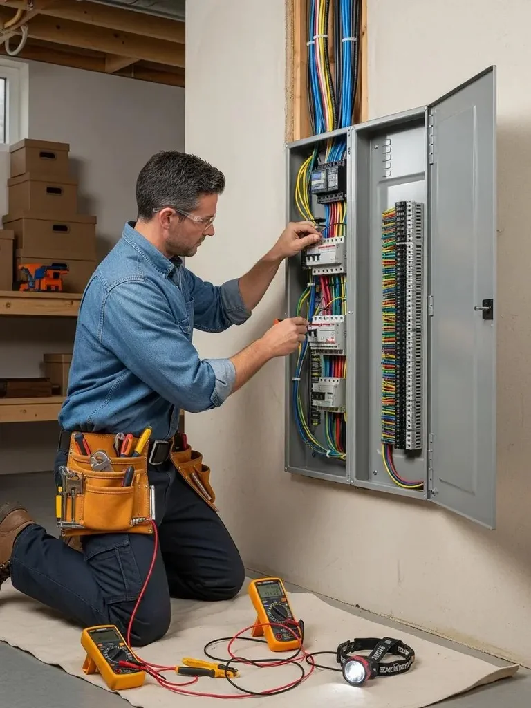 Licensed electrician installing a new electrical panel in a residential home