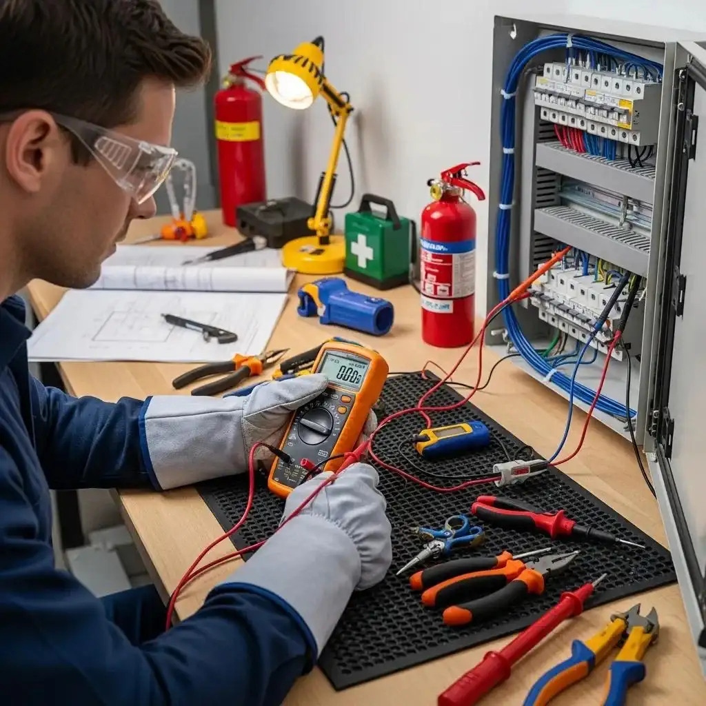Licensed electrician performing a safety inspection on an electrical panel, highlighting professional standards and safety