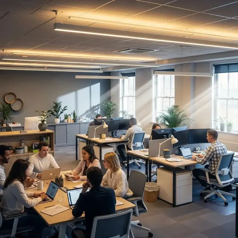 Modern commercial space illuminated by energy-efficient LED lighting, showcasing productivity and comfort