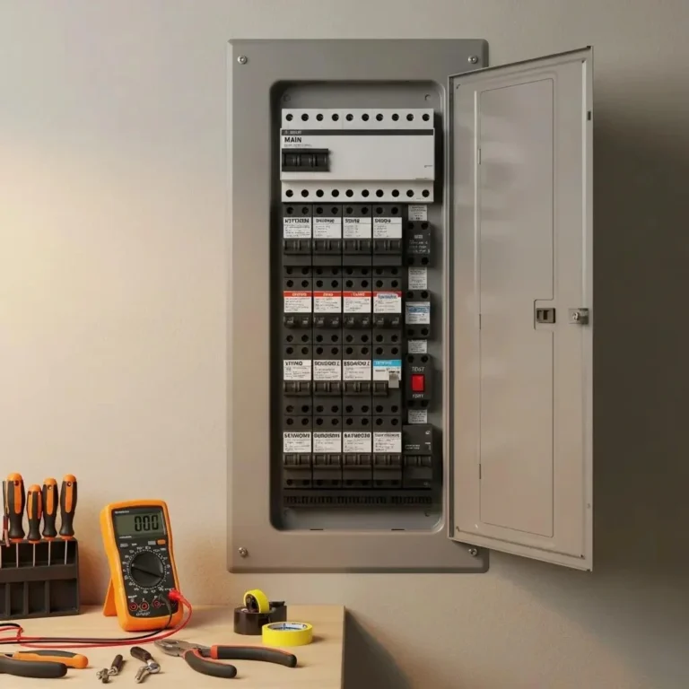Modern electrical panel in a home setting highlighting safety features