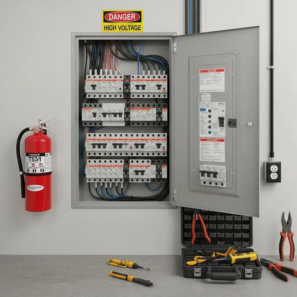 Clean utility room with a modern electrical panel and labeled breakers, showing upgraded capacity and safety