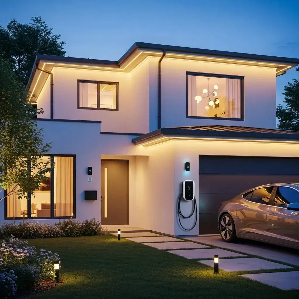 Modern home showcasing various residential electrical installations including EV charger and smart devices