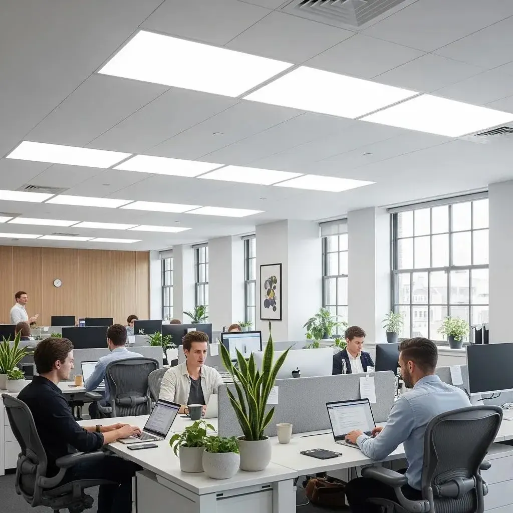 Modern office with energy-efficient LED lighting showcasing productivity and comfort