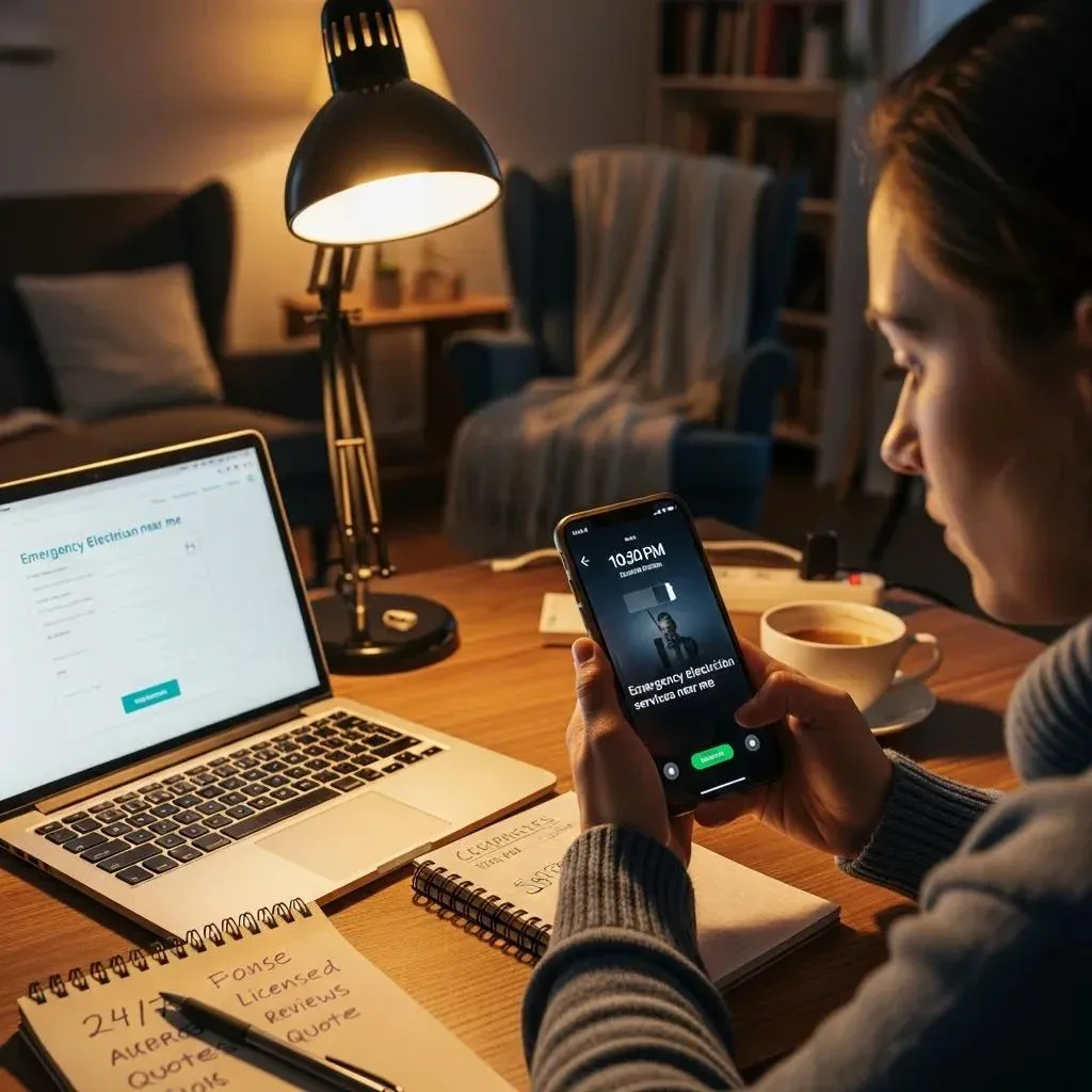 Person searching for emergency electrician services on a smartphone at home