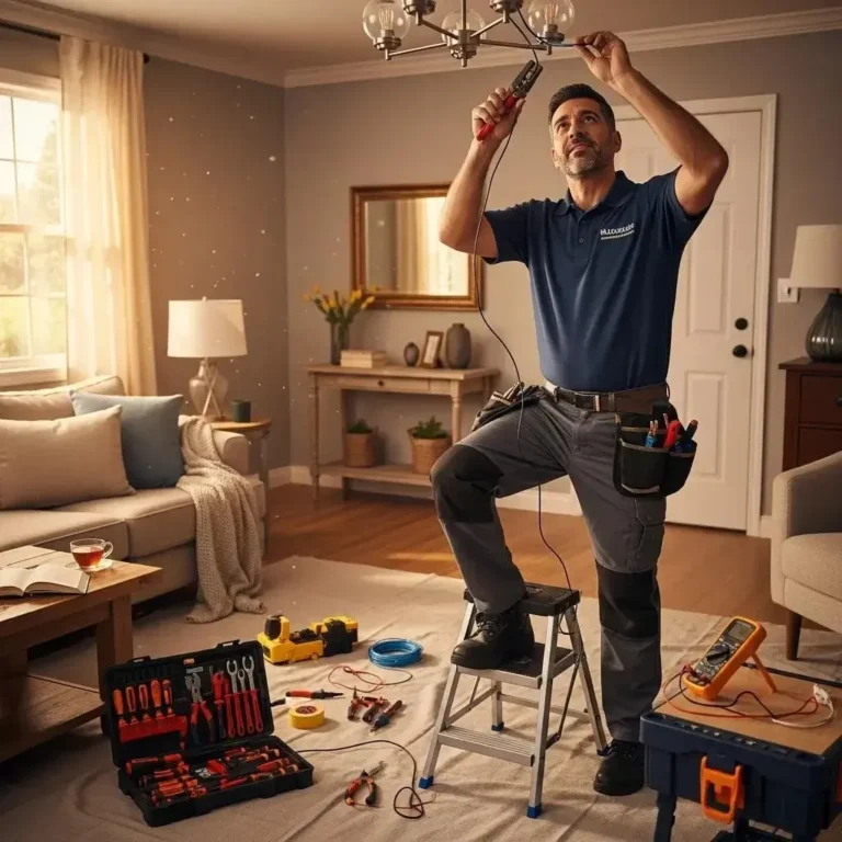 Residential electrician installing a light fixture in a cozy living room, highlighting safety and professionalism