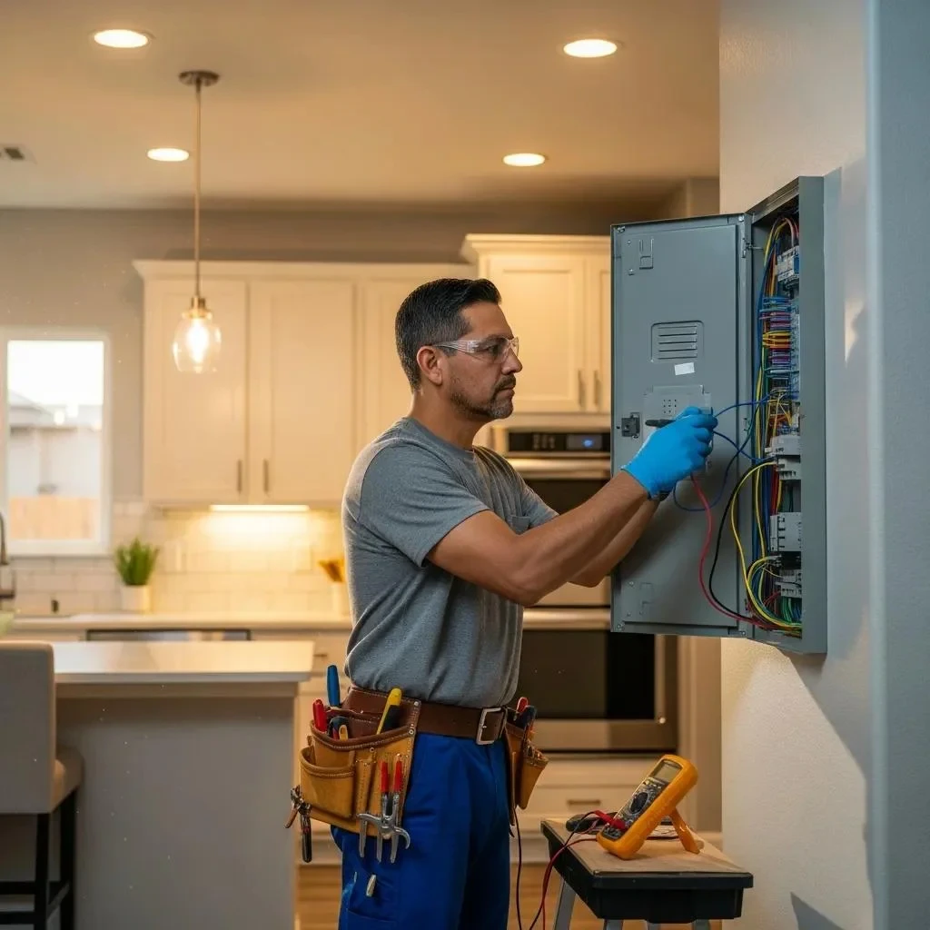 Residential electrician working on an electrical panel in a Fresno home, emphasizing safety and professionalism