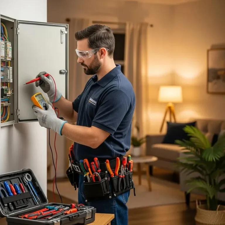 Residential electrician working on an electrical panel in a home, highlighting safety and professionalism