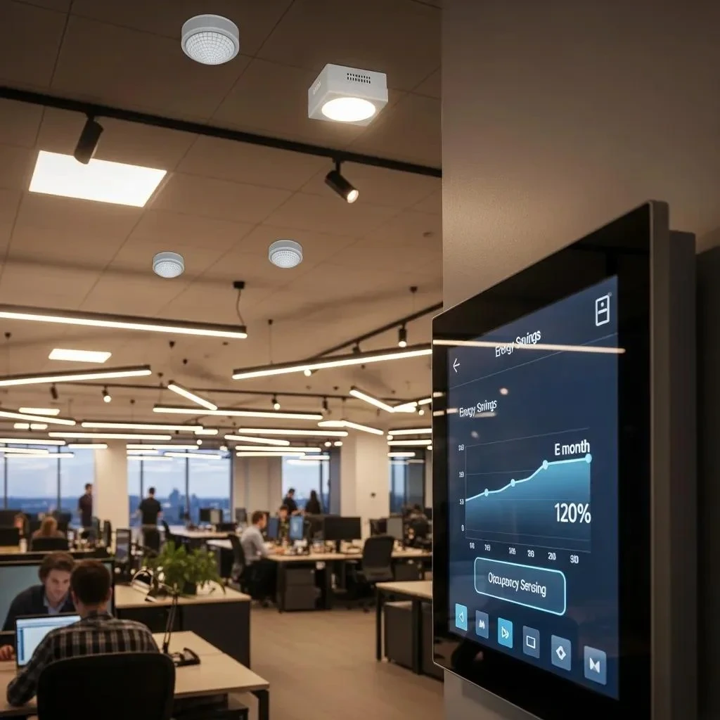 Smart commercial lighting controls with sensors and central panel for energy management