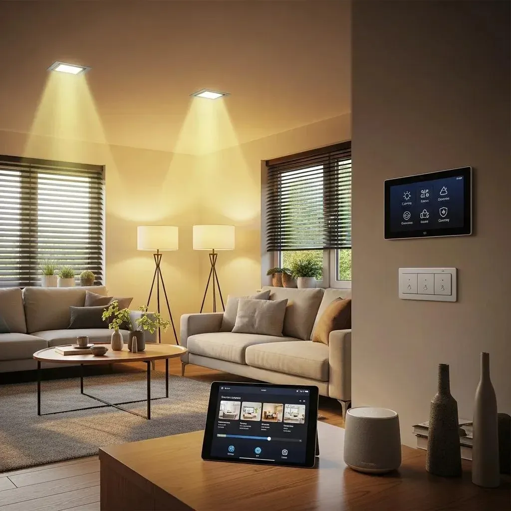 Smart home lighting and automated switches in a living room showing modern convenience and control
