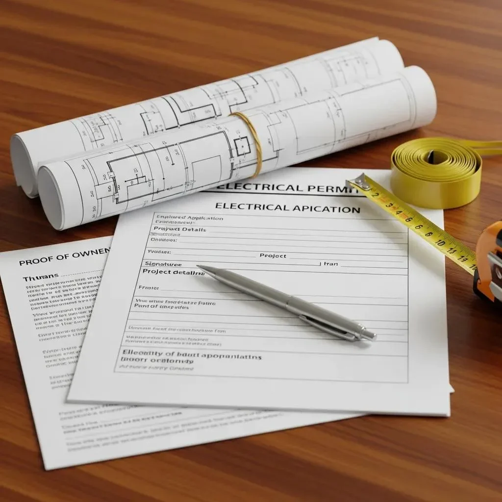 Stack of documents for Fresno electrical permits including application form and project plans