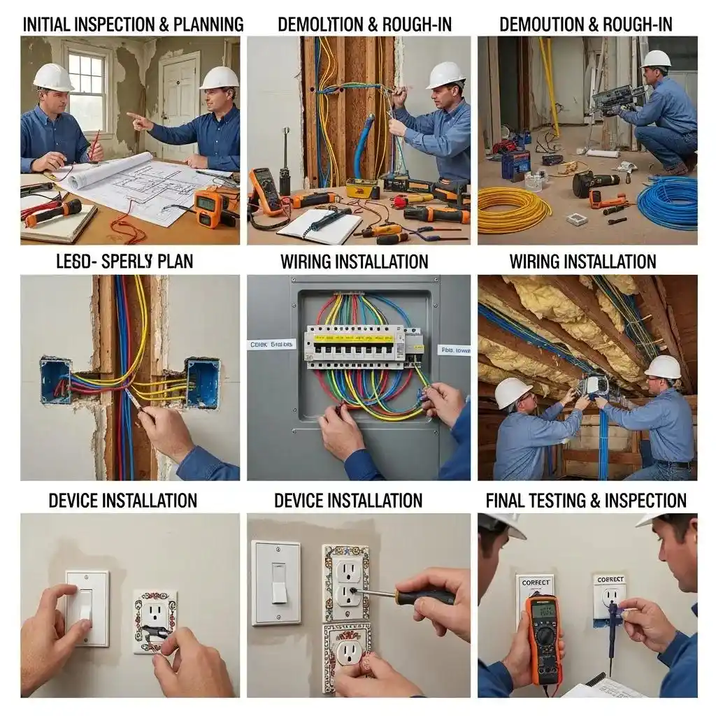 Step-by-step whole-house rewiring process with electricians and modern electrical components