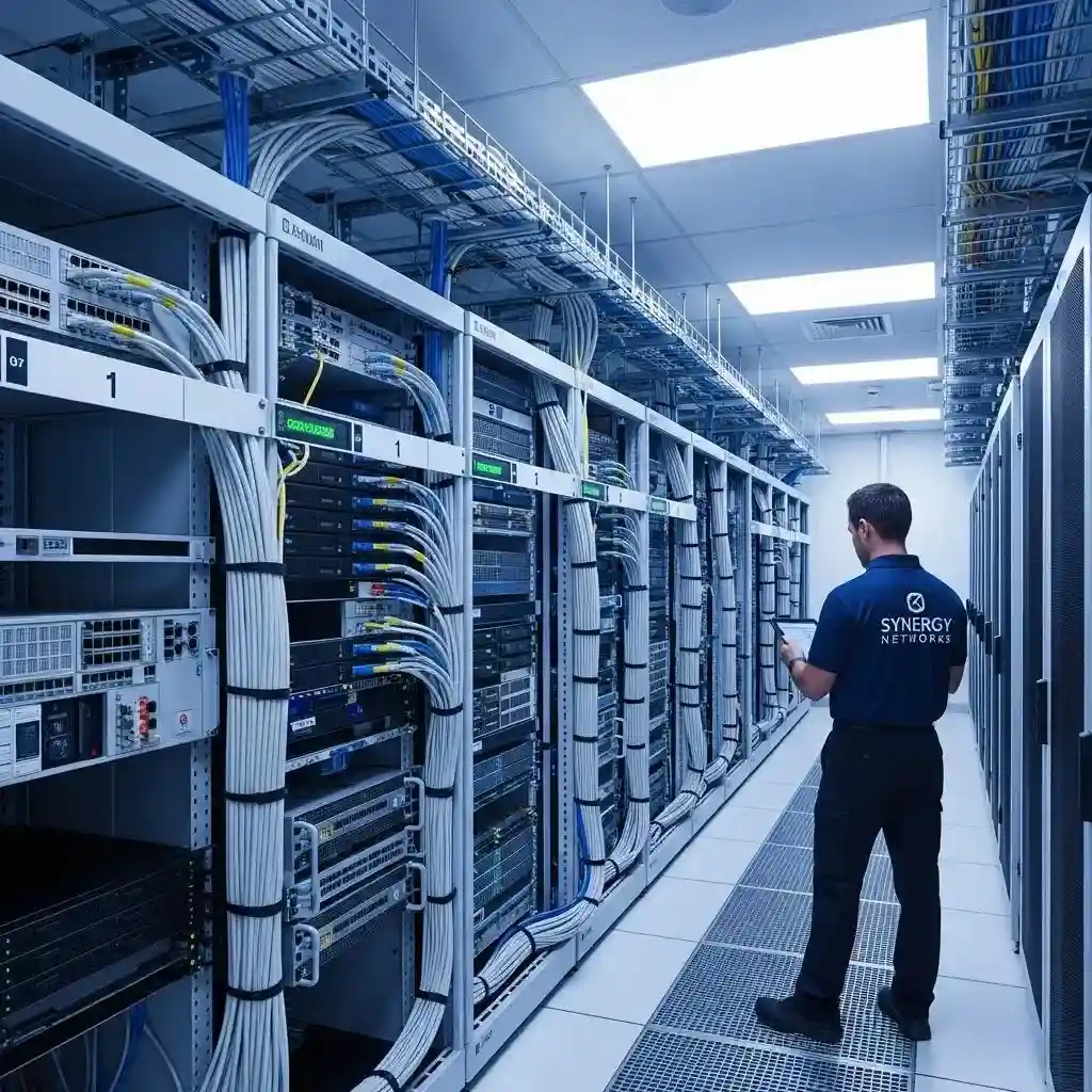 Server room with labeled structured cabling in an office