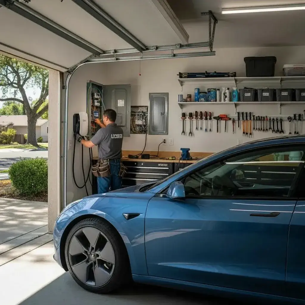 Electrician installing a Level 2 EV charger in a Fresno garage, demonstrating modern home charging solutions