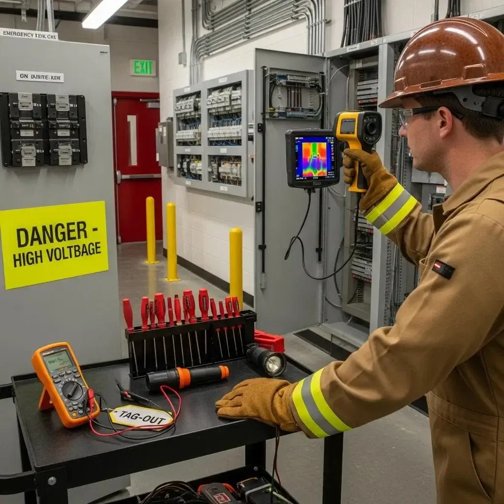 Technician doing preventative electrical maintenance and thermal imaging