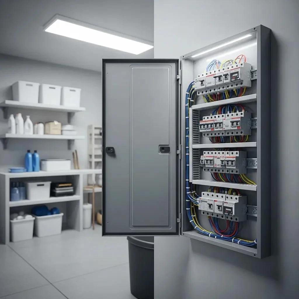 Modernized electrical panel with labeled circuit breakers and updated wiring
