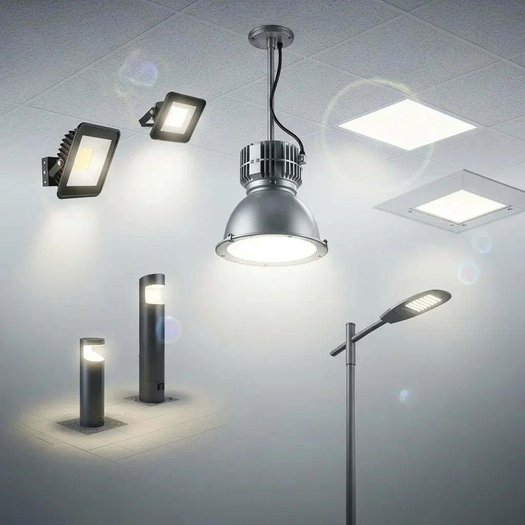 Selection of commercial LED fixtures such as high bays and troffers